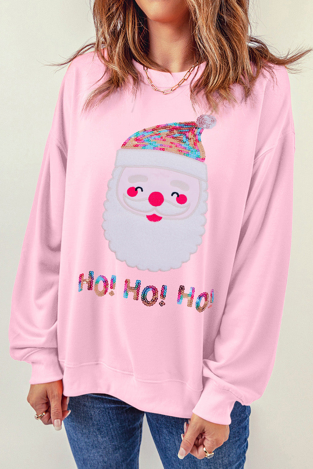 Pink HO HO HO Sequined Santa Claus Graphic Sweatshirt