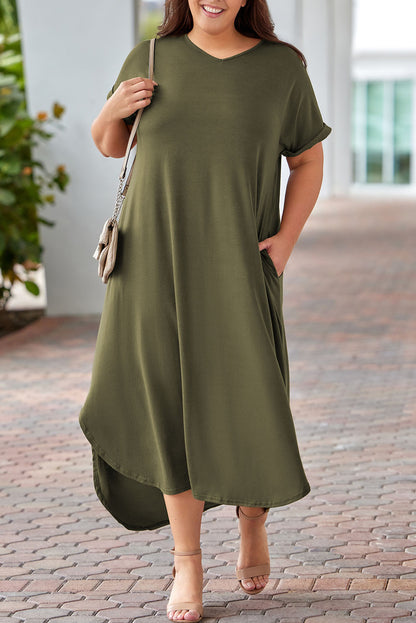 Green V Neck Rolled Cuffs Plus Size Maxi Dress