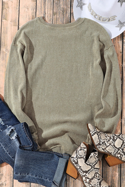 Green Ribbed Round Neck Drop Sleeve Pullover Sweatshirt