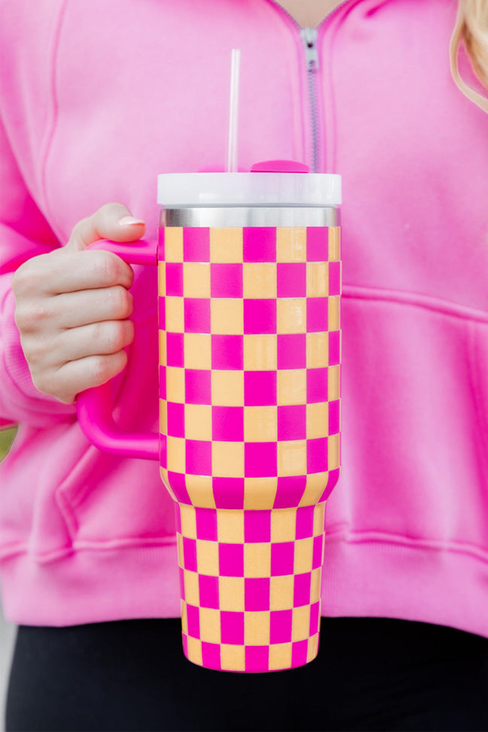 Pink Checkered Print Handled Stainless Steel Tumbler Cup