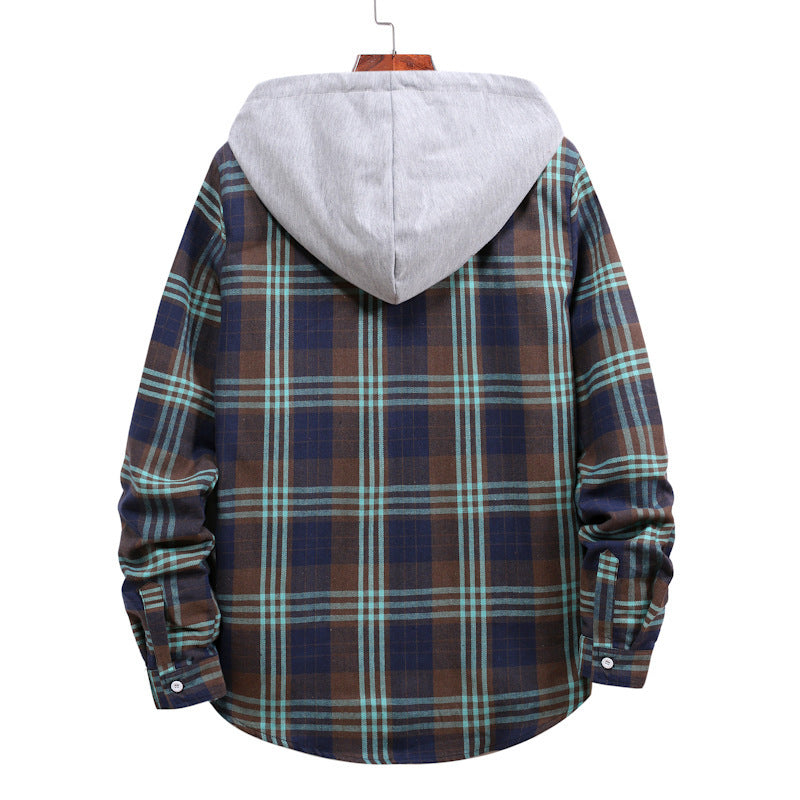 Men's Hooded Plaid Shirt Jacket Gray Plaid Long-sleeved Shirt