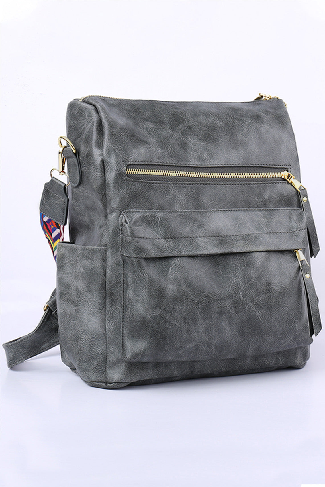 Dark Grey Zip Closure Aztec Pattern Strap Backpack Handbag