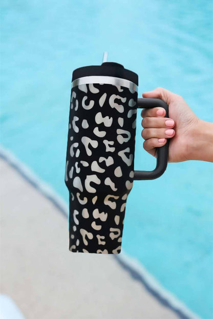 White 40oz Stainless Steel Portable Leopard Tumbler Mug With Handle