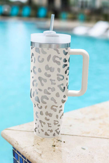 White 40oz Stainless Steel Portable Leopard Tumbler Mug With Handle