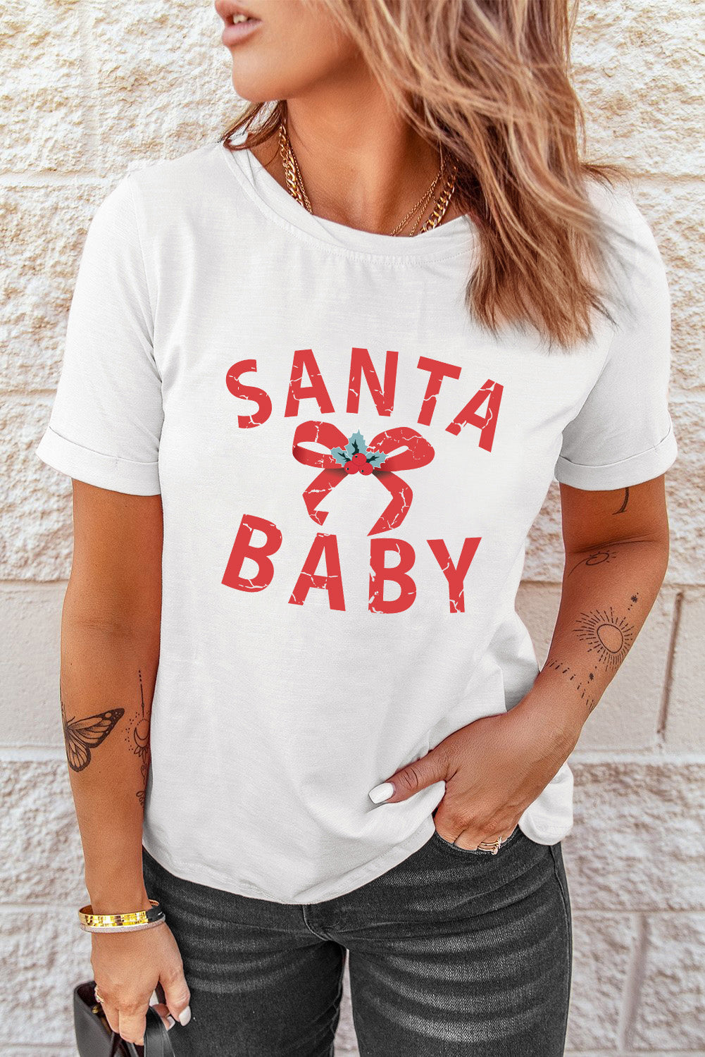 White SANTA BABY Gift Bow Graphic Tee