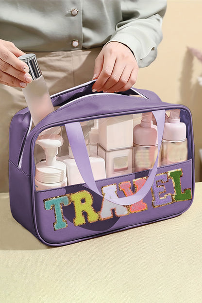 Pink Purple TRAVEL Chenille Letter Clear PVC Makeup Bag