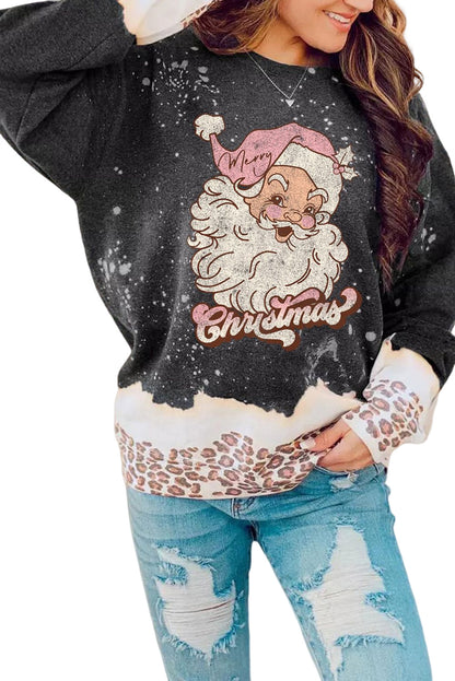 Black Christmas Santa Claus Leopard Tie Dye Graphic Sweatshirt