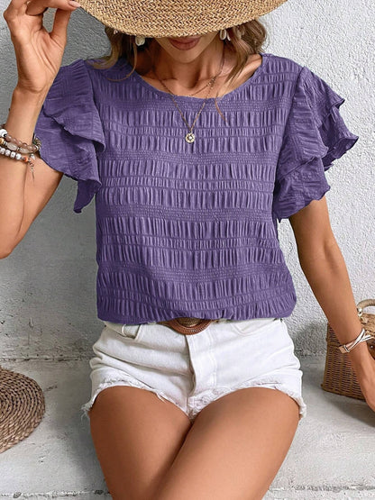 Round Neck Flounce Sleeve Blouse