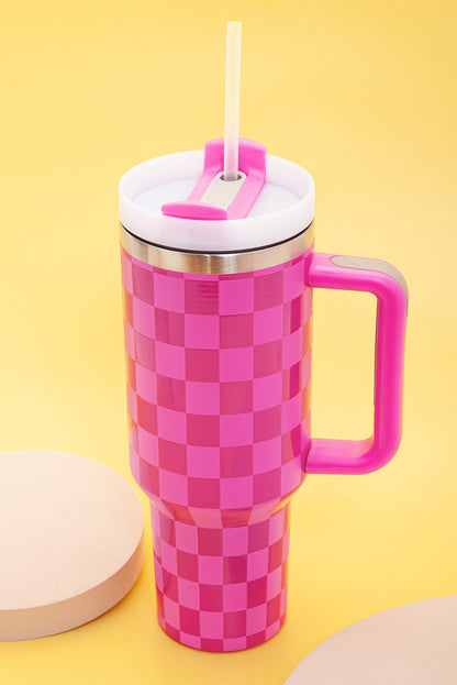 Pink Checkered Print Handled Stainless Steel Tumbler Cup