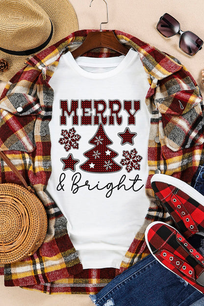 White MERRY and Bright Plaid Print Christmas Crewneck Graphic T Shirt