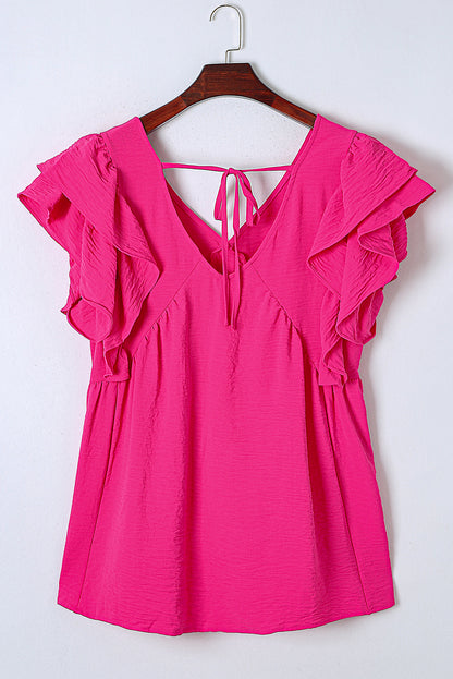 Pink Plus Size Ruffle V Neck Tie Back Tunic Top