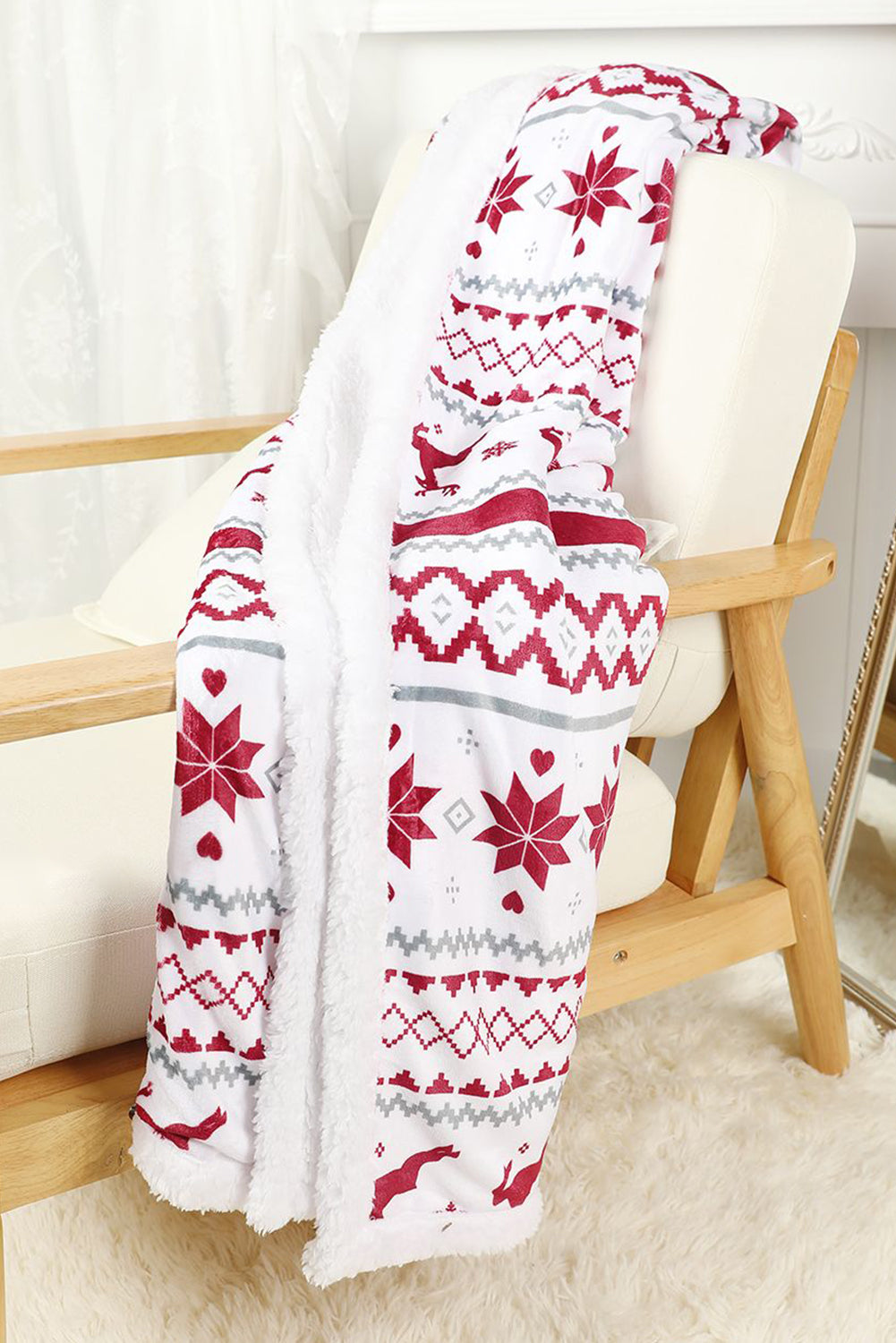 Snow White Christmas Reindeer Snowflake Printed Sherpa Blanket