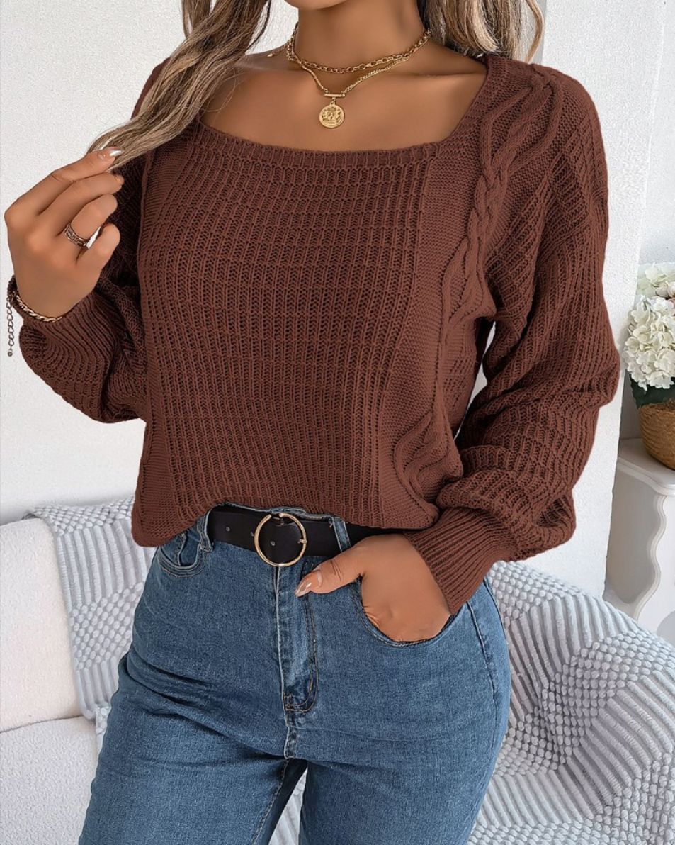 Fashion Women's Wear Square Collar Cable-knit Sweater Women's Pullover Acrylic Top