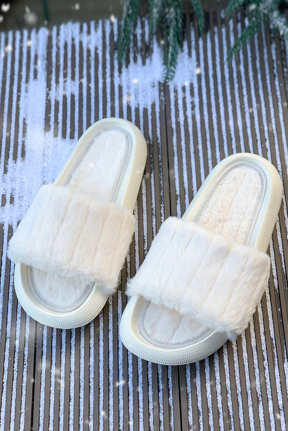 White Comfy Plush Band Open Toe Slippers