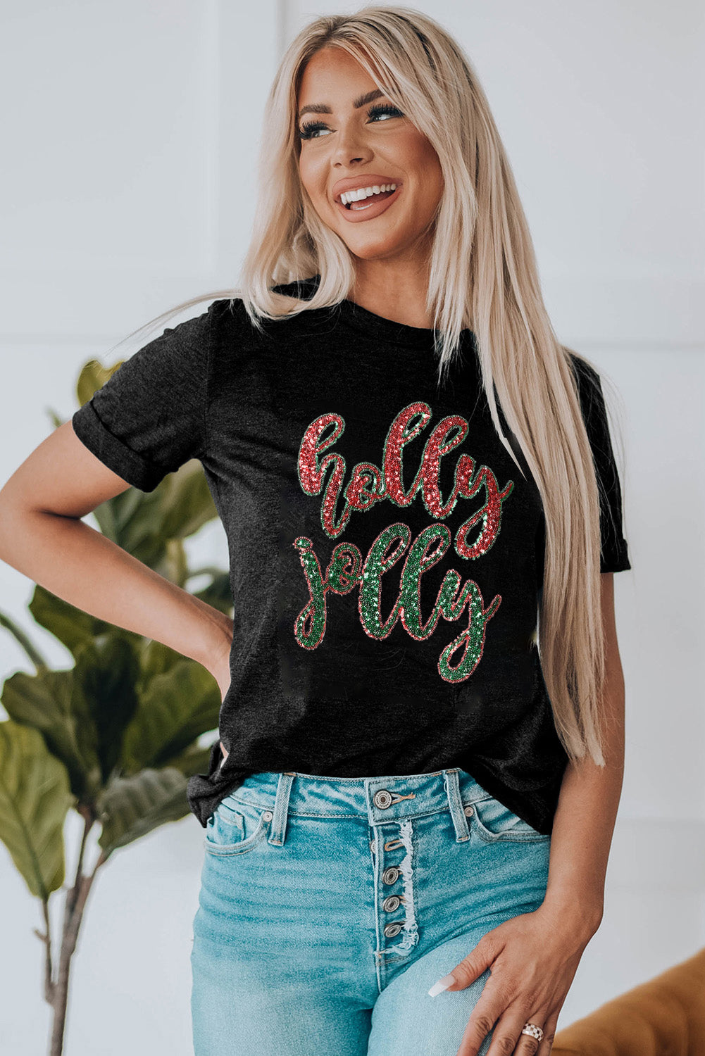 Black Christmas Sequined Holly Jolly Graphic Tee