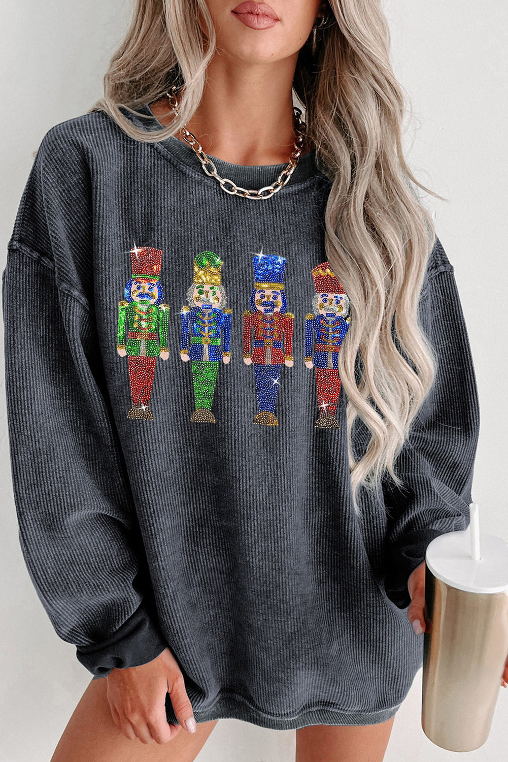 Pink Sequins Christmas Nutcracker Corded Baggy Graphic Sweatshirt