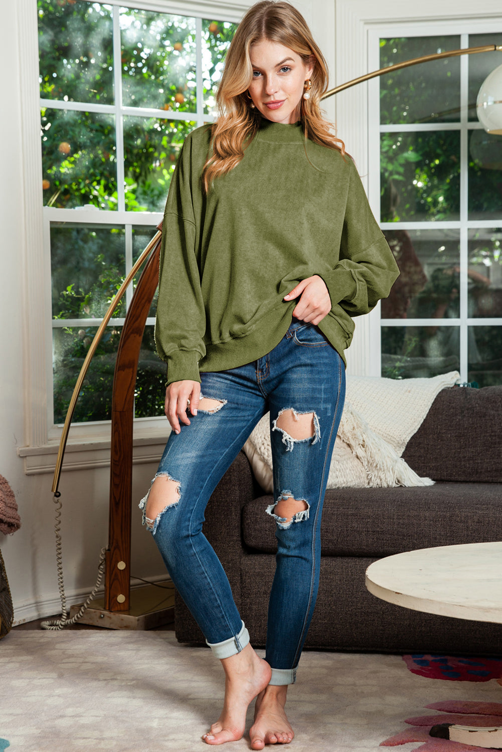 Brown Plain Drop Shoulder Crew Neck Pullover Sweatshirt