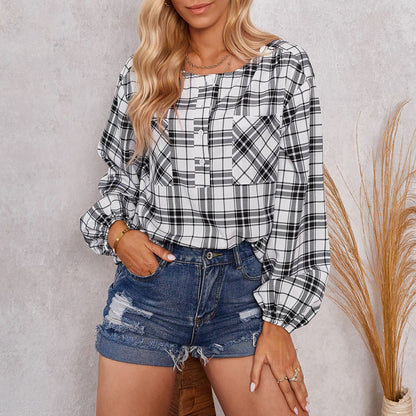 Women's Fashion Plaid Round Neck Shirt