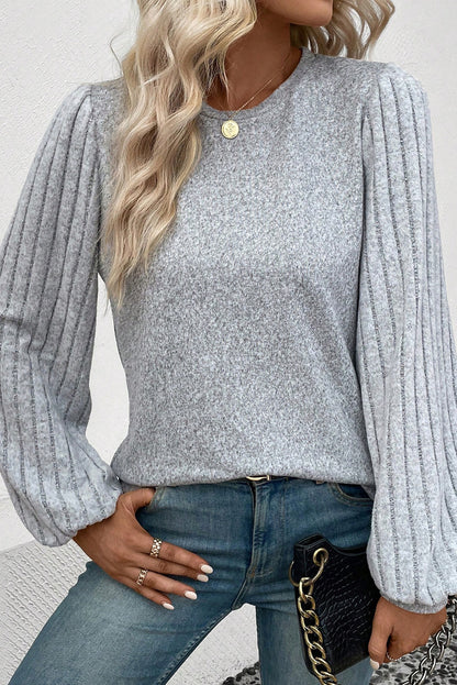 Gray Solid Color Contrast Ribbed Bishop Sleeve Top