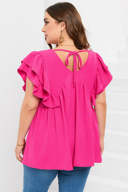 Pink Plus Size Ruffle V Neck Tie Back Tunic Top