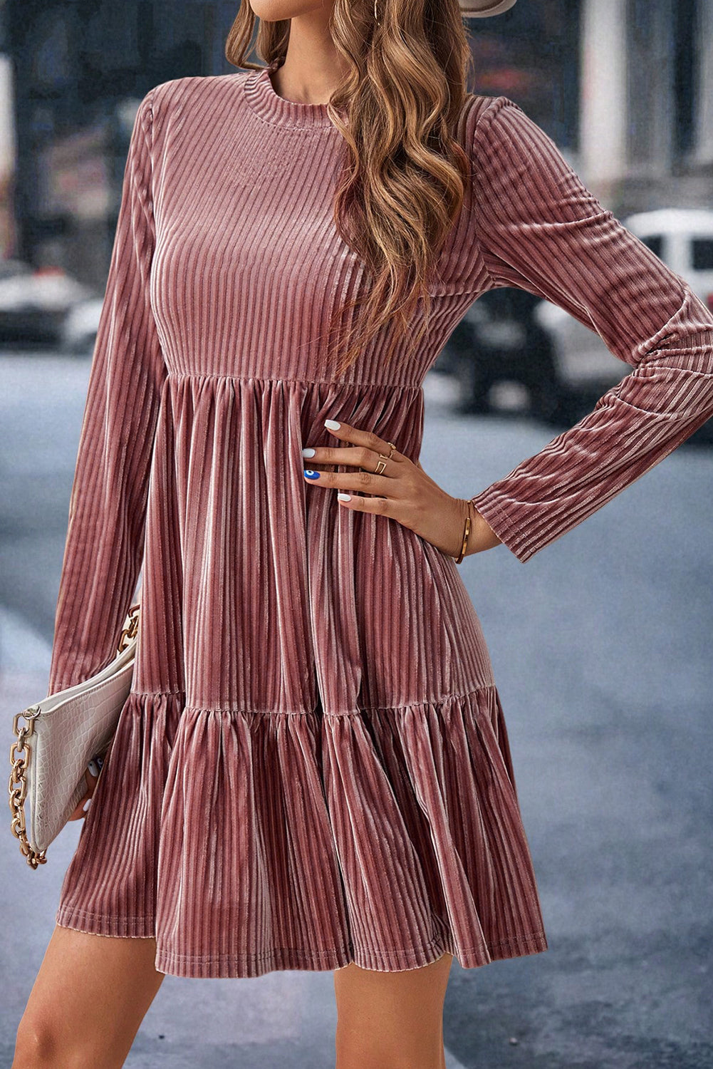 Apricot Pink Ribbed Tiered Velvet Mini Dress