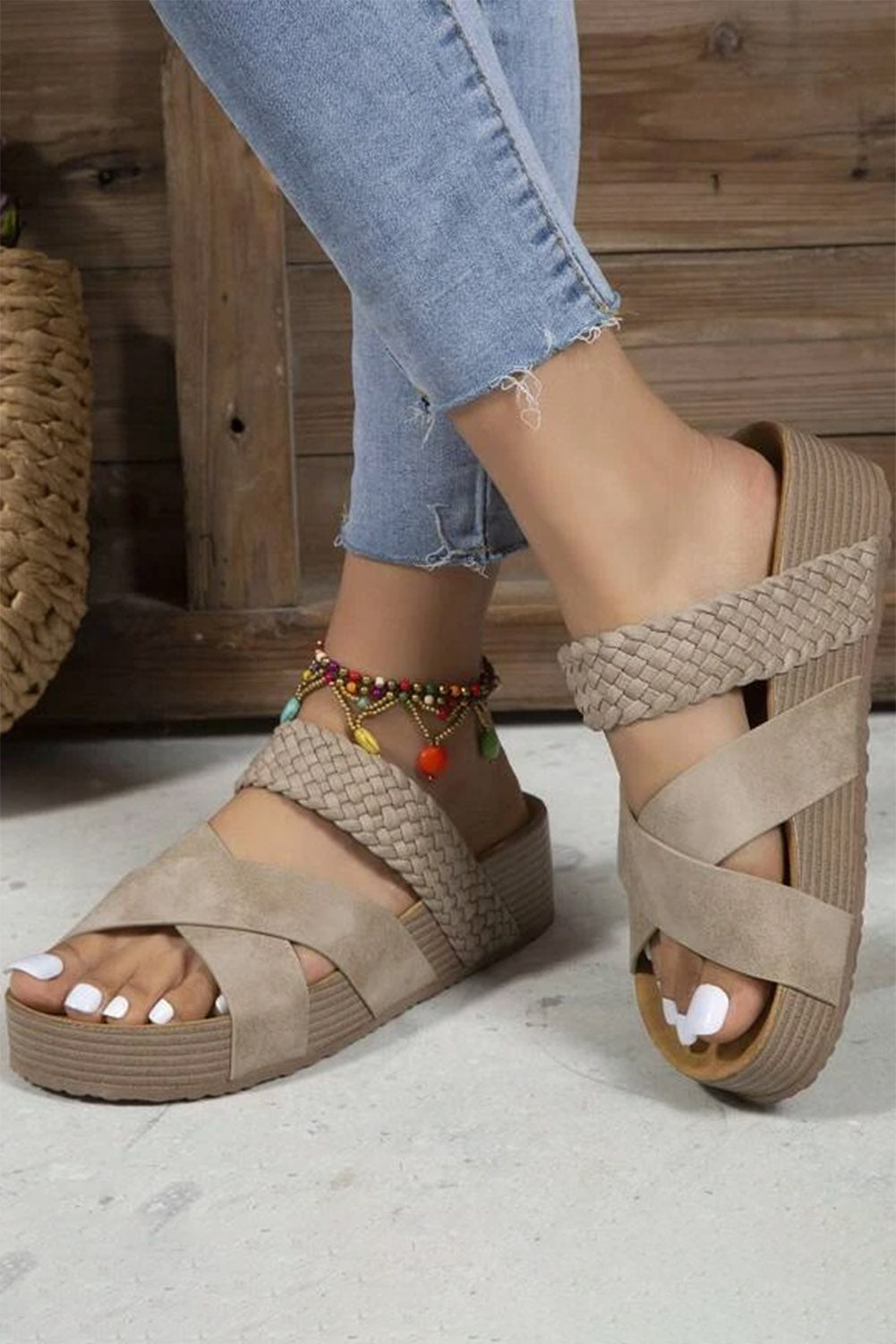 Brown Braided Detail Criss Cross Platform Sandals