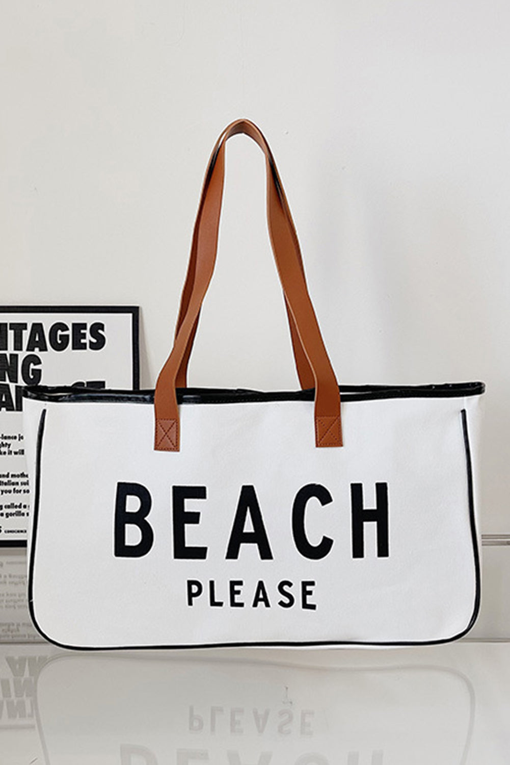 Bright White BEACH PLEASE Print Large Canvas Tote Bag