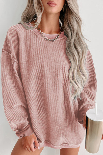 Green Ribbed Round Neck Drop Sleeve Pullover Sweatshirt