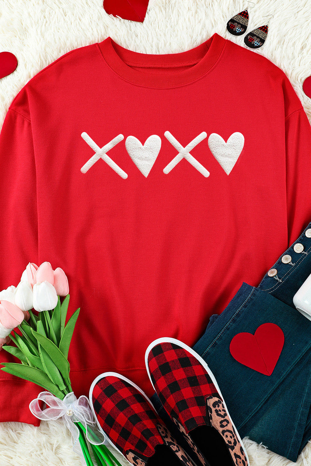 Red XOXO Heart Print Valentine Graphic Sweatshirt