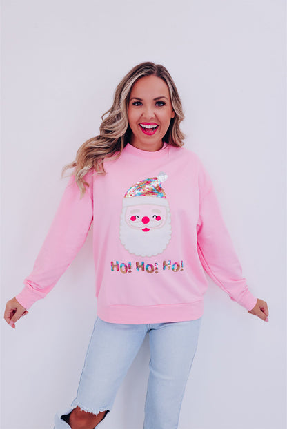 Pink HO HO HO Sequined Santa Claus Graphic Sweatshirt