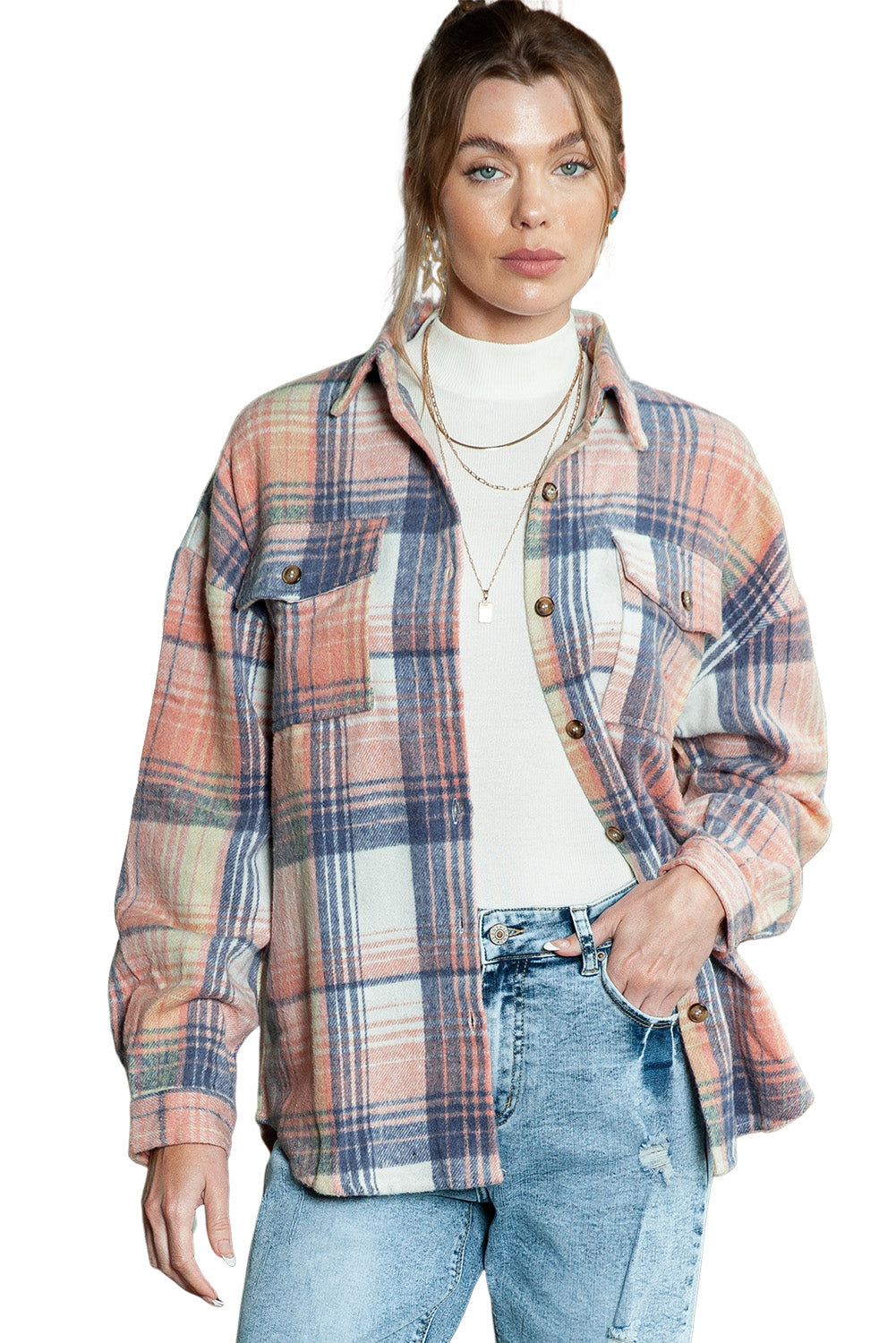 Grey Plaid Button Up Collared Flannel Shacket