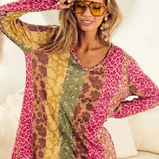 Leopard Print Printed Long-sleeved Top Women's Slim Fit Round Neck Pullover T-shirt