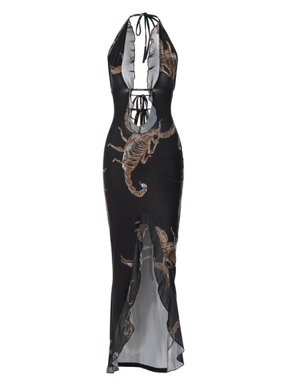 Women's Fashion Printed Halter Strap Long Dress