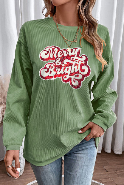 Grass Green Merry & Bright Sequin Ribbed Graphic Sweatshirt