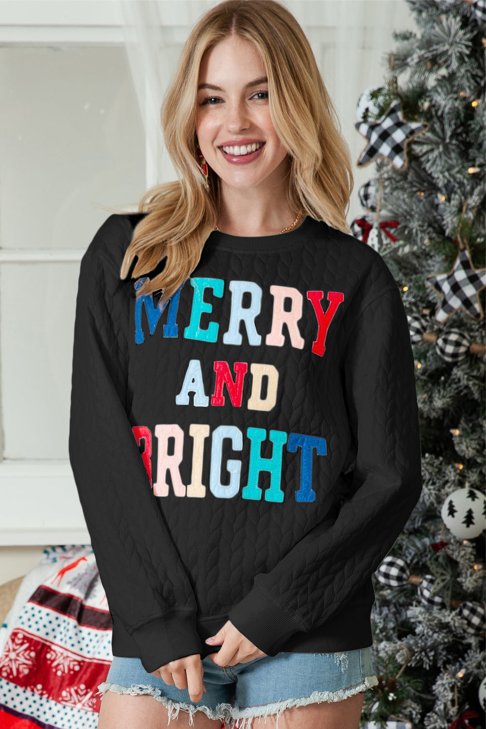 Blackish Green Merry And Bright Quilted Sweatshirt