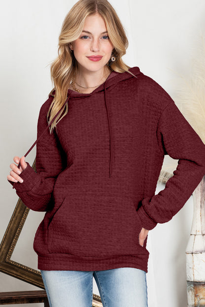 Red Lattice Textured Kangaroo Pocket Drawstring Hoodie