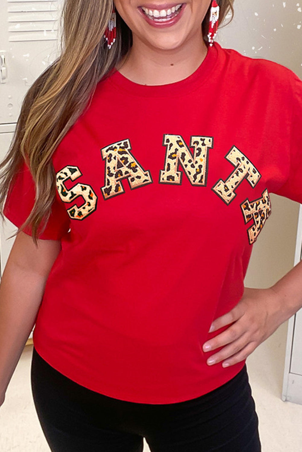 Red Leopard Printed SANTA Round Neck Graphic Tee