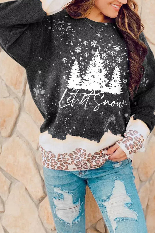 Black Christmas Tree Snowy Leopard Bleached Graphic Sweatshirt