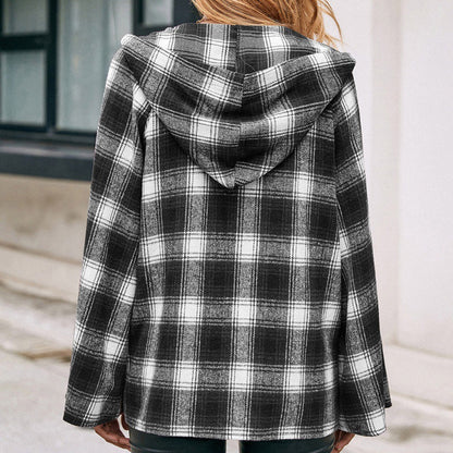 Casual Hooded Cardigan Plaid Shirt Loose Plaid Trench Coat Top