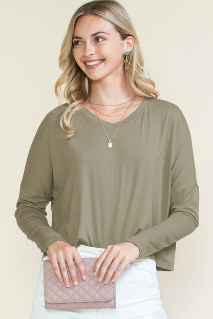 Green Plain Loose V Neck Dropped Long Sleeve Top