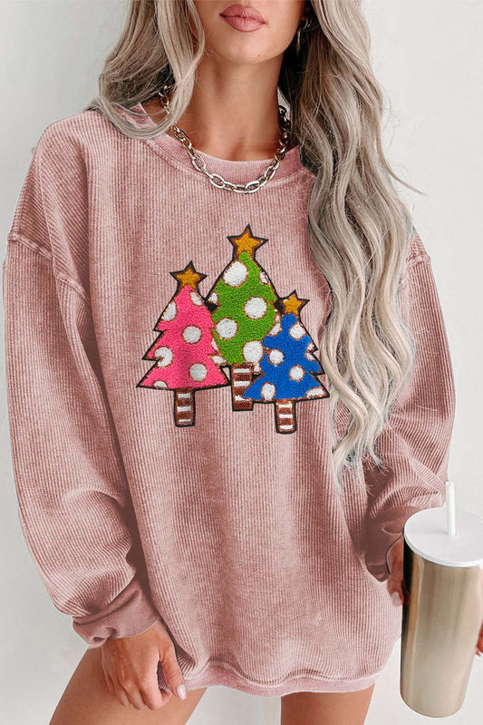 Pink Corduroy Christmas Tree Sequin Graphic Sweatshirt