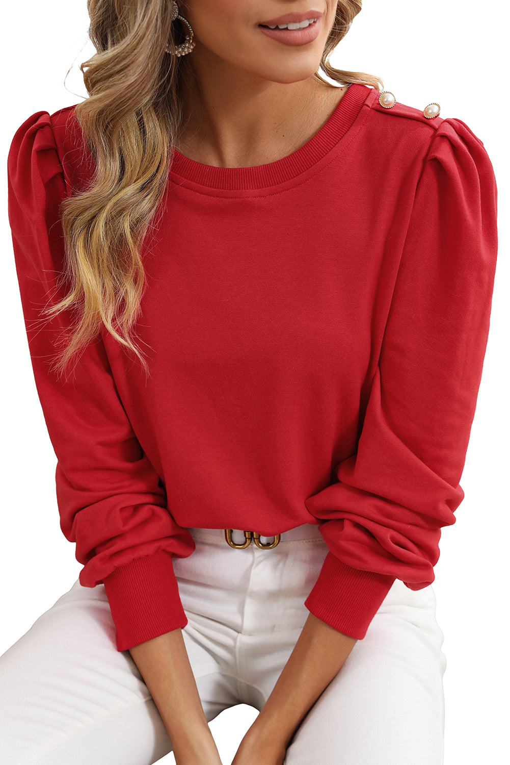 Red Button Tab Detail Round Neck Long Sleeve Top