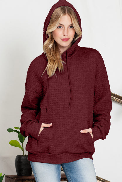 Red Lattice Textured Kangaroo Pocket Drawstring Hoodie