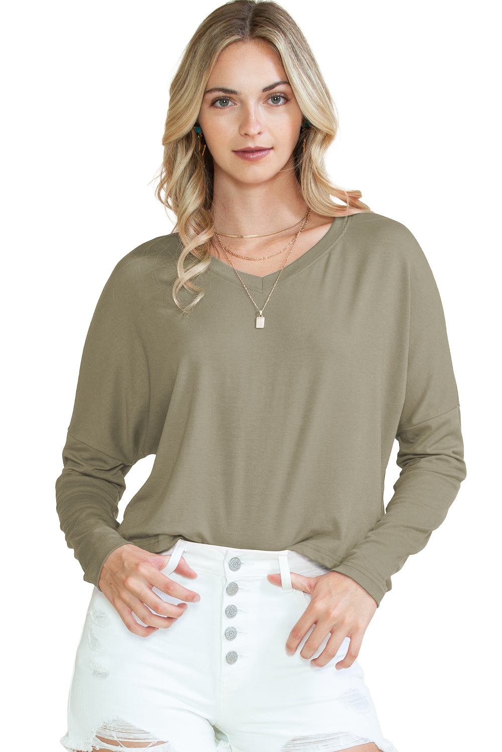 Green Plain Loose V Neck Dropped Long Sleeve Top