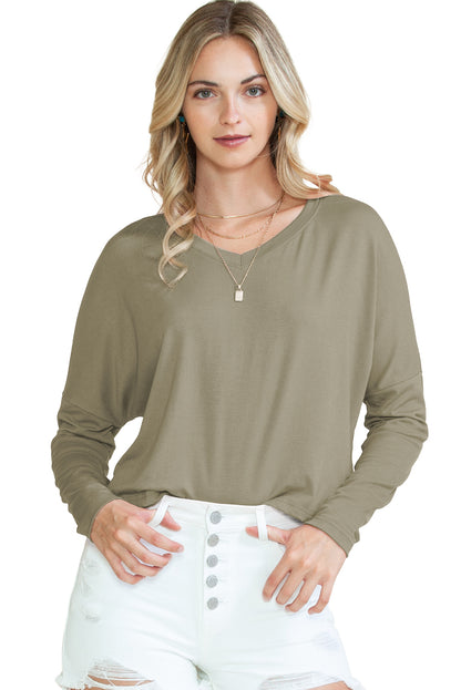 Green Plain Loose V Neck Dropped Long Sleeve Top