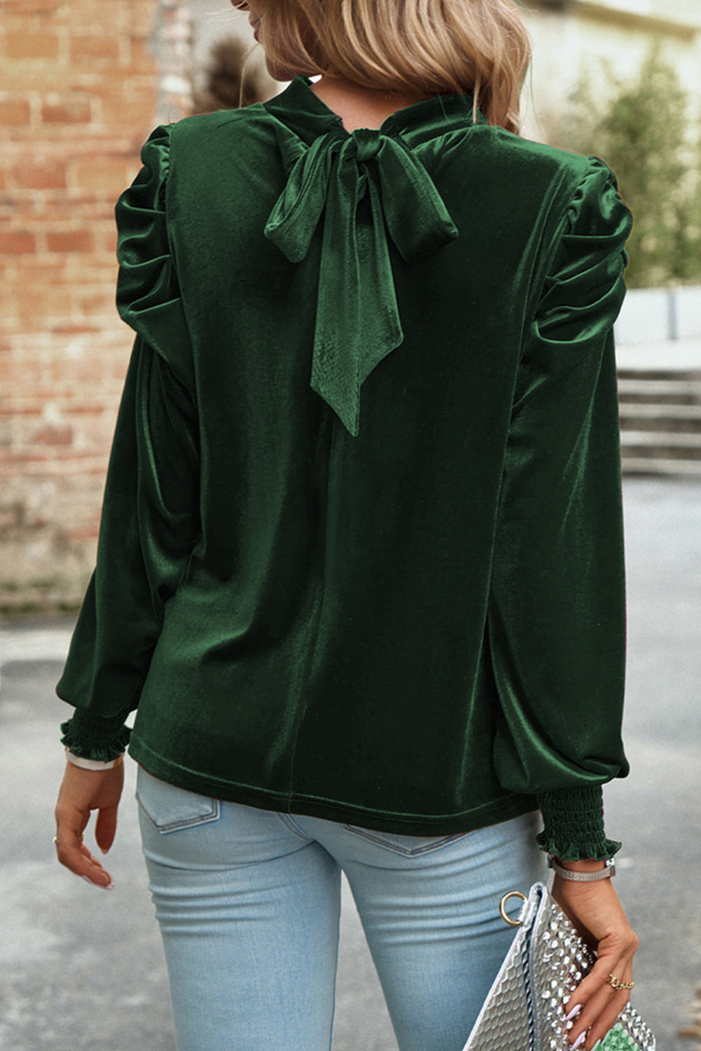 Green Keyhole Neck Puff Sleeve Velvet Blouse