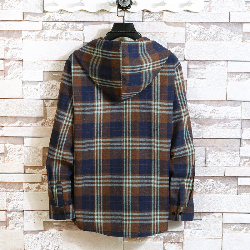 Men's Casual Plaid Youth Hooded Shirt