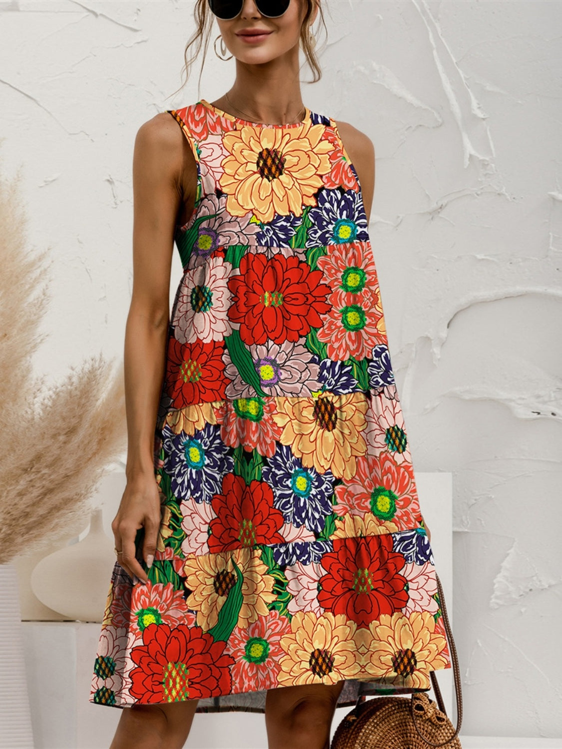 Tiered Printed Round Neck Sleeveless Dress