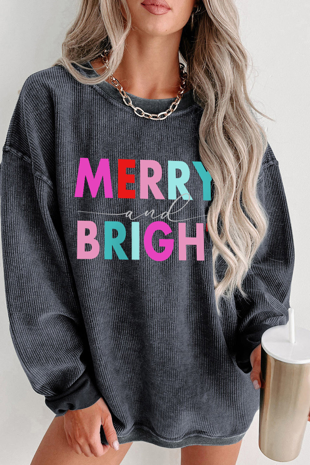 Gray MERRY and BRIGHT Corded Drop Shoulder Graphic Sweatshirt