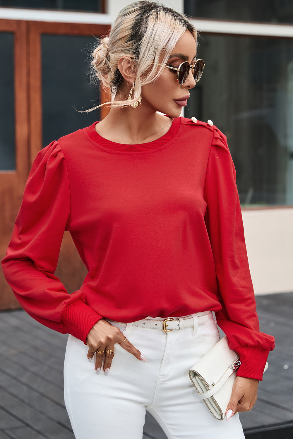 Red Button Tab Detail Round Neck Long Sleeve Top